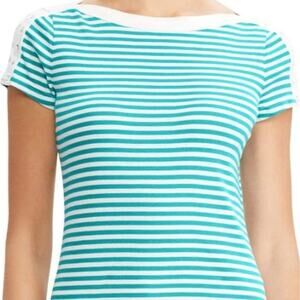 Chaps Women's Teal/White Striped Lace-Up Shoulder Tee Size Large
